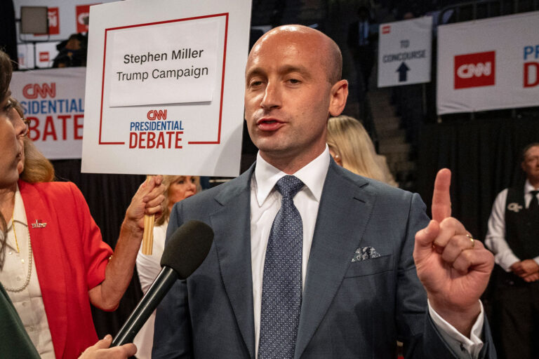 Stephen Miller, former White House senior advisor for policy, speaks to reporters in the spin room at the McCamish Pavilion on the Georgia Institute of Technology campus in Atlanta, Georgia, on June 27, 2024, after President Joe Biden debated former US President and Republican Presidential candidate Donald Trump. (CHRISTIAN MONTERROSA/AFP via Getty Images)