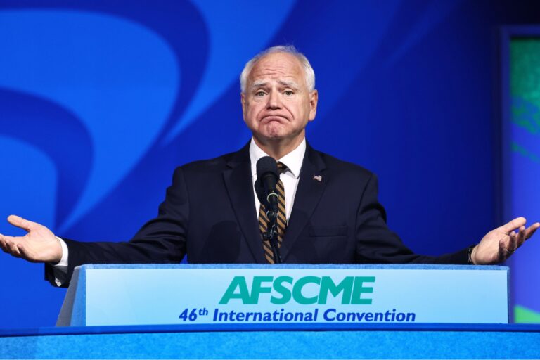Democratic vice presidential candidate Minnesota Governor Tim Walz speaks at the 46th International Convention of the American Federation of State, County and Municipal Employees (AFSCME) at the Los Angeles Convention Center on August 13, 2024 in Los Angeles, California. (Mario Tama/Getty Images)