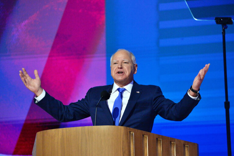 Democratic vice presidential candidate Minnesota Gov. Tim Walz makes a speech during the Democratic National Convention (DNC) at the United Center in Chicago, Illinois, United States, on August 21, 2024. (Jacek Boczarski/Anadolu via Getty Images)