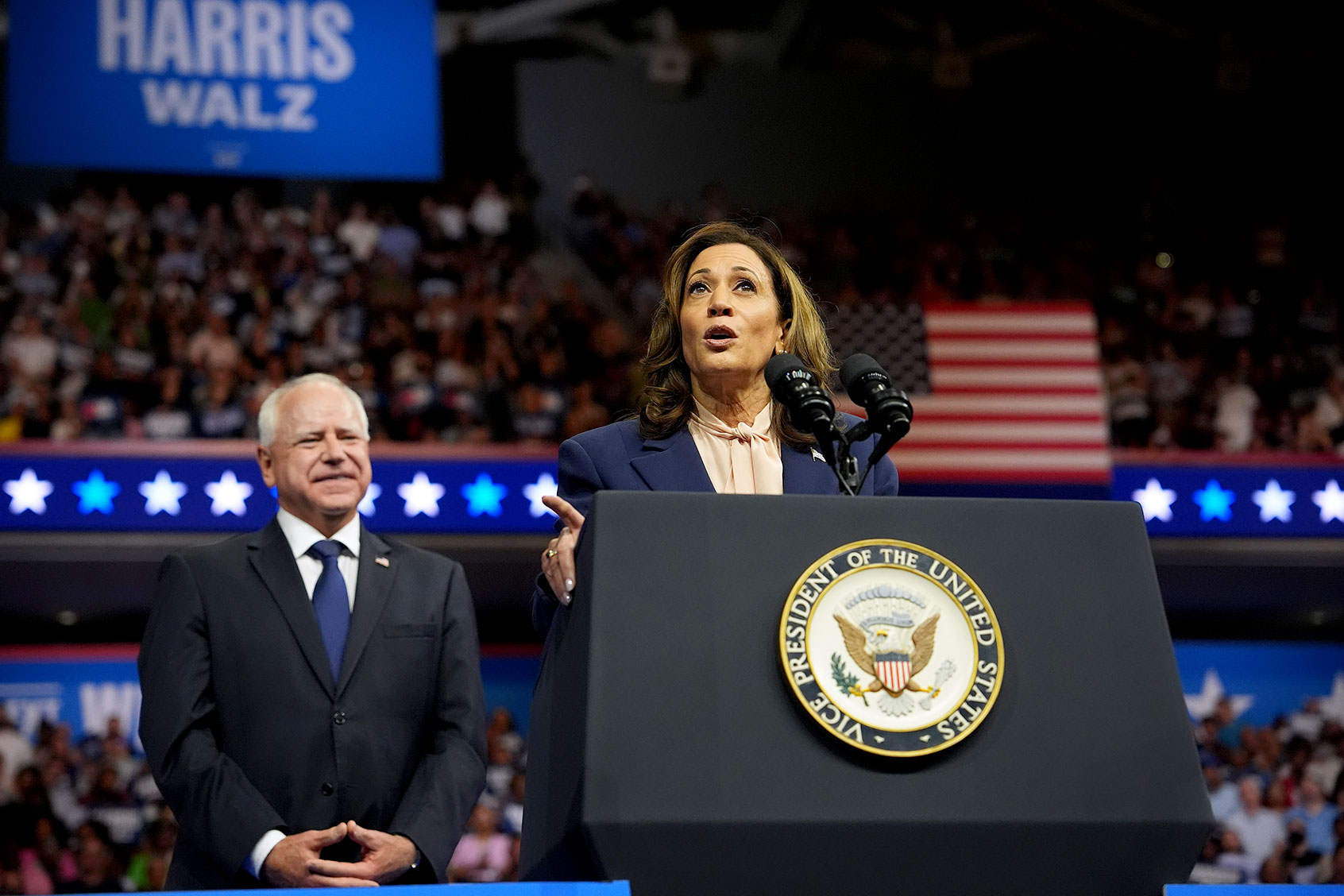 Democratic presidential candidate, U.S. Vice President Kamala Harris speaks as Democratic vice presidential candidate Minnesota Gov. Tim Walz looks on during a campaign event at Girard College on August 6, 2024 in Philadelphia, Pennsylvania. (Andrew Harnik/Getty Images)