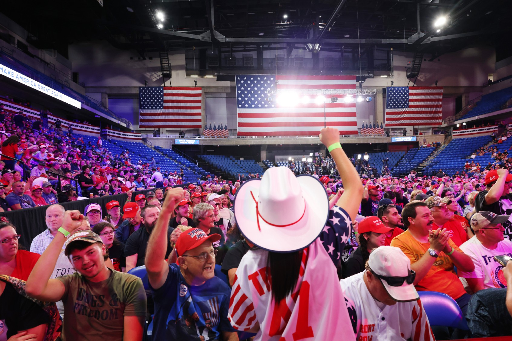 People attend a Republican Presidential Candidate former U.S. President Donald Trump campaign rally at Mohegan Sun Arena at Casey Plaza on August 17, 2024, in Wilkes Barre, Pennsylvania. (Michael M. Santiago/Getty Images)