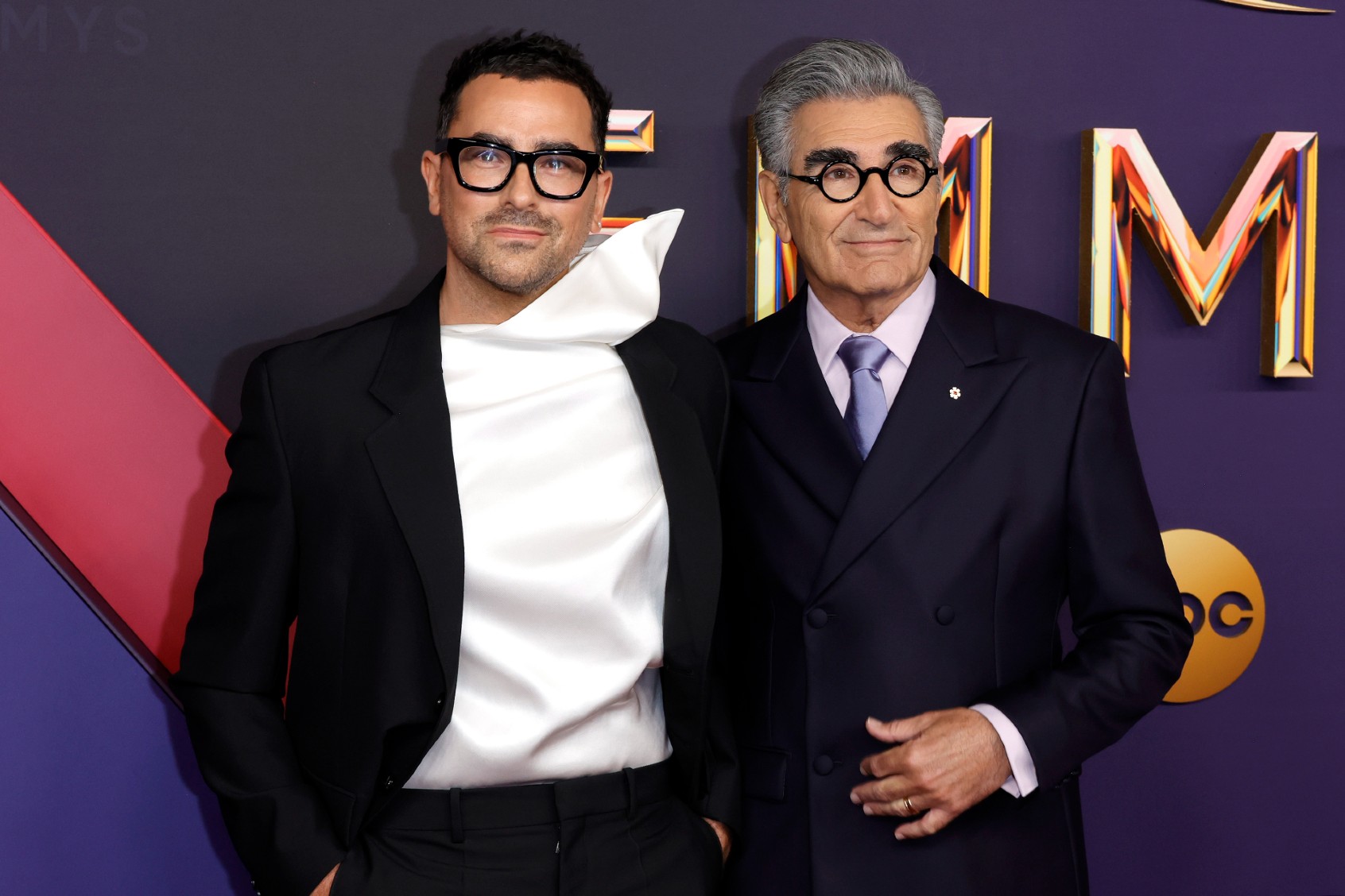 (L-R) Dan Levy and Eugene Levy attend the 76th Primetime Emmy Awards at Peacock Theater on September 15, 2024 in Los Angeles, California. (Frazer Harrison/Getty Images)