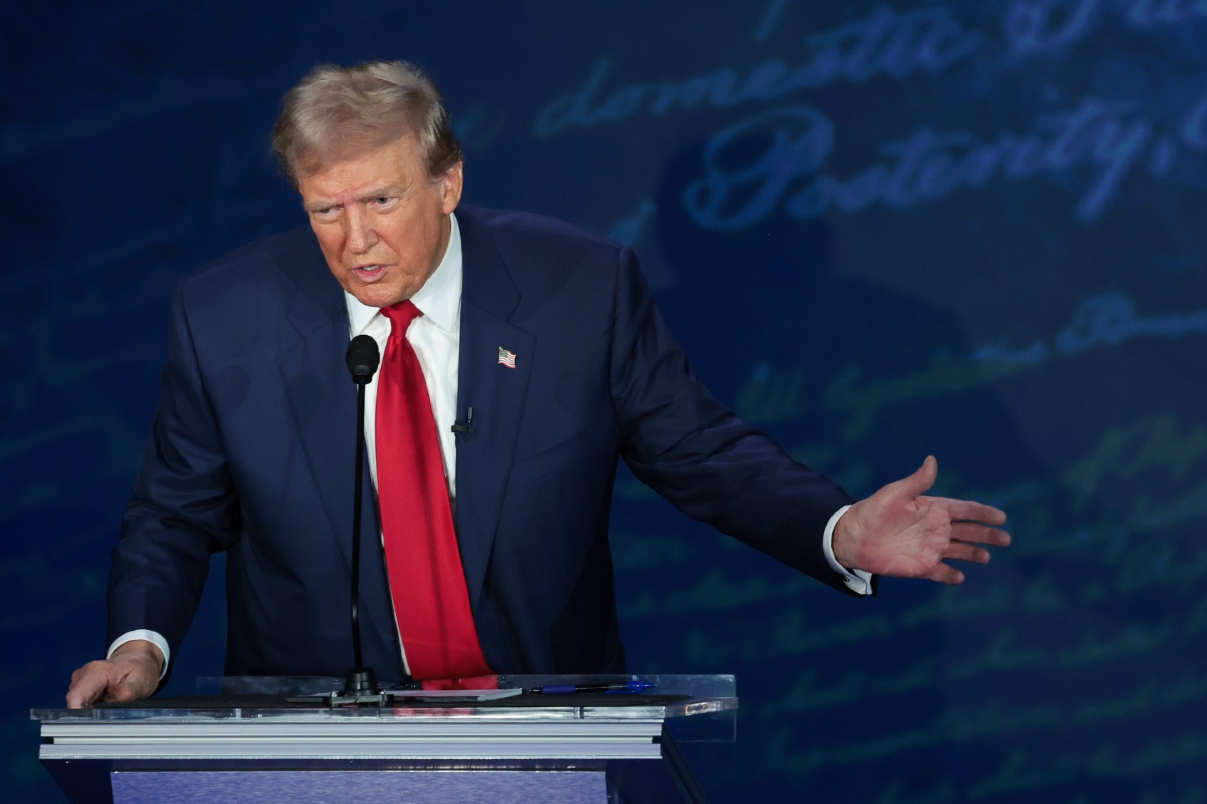 Republican presidential nominee, former U.S. President Donald Trump, debates Democratic presidential nominee, U.S. Vice President Kamala Harris, for the first time during the presidential election campaign at The National Constitution Center on September 10, 2024 in Philadelphia, Pennsylvania. (Win McNamee/Getty Images)
