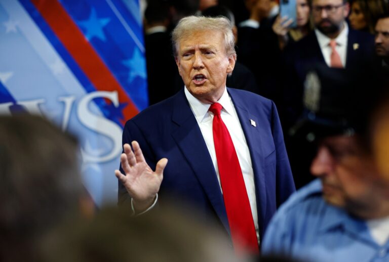 Republican presidential nominee, former U.S. President Donald Trump speaks to reporters in the spin room after debating Democratic presidential nominee, U.S. Vice President Kamala Harris, at Pennsylvania Convention Center on September 10, 2024 in Philadelphia, Pennsylvania. (Chip Somodevilla/Getty Images)