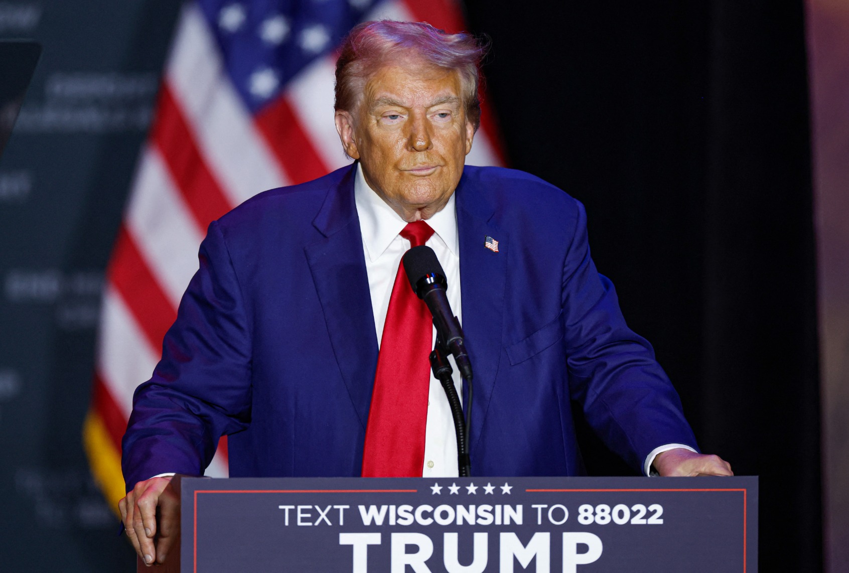 Former President and Republican presidential candidate Donald Trump delivers remarks at the Prairie du Chien Area Arts Center in Prairie du Chien, Wisconsin, on September 28, 2024. (KAMIL KRZACZYNSKI/AFP via Getty Images)