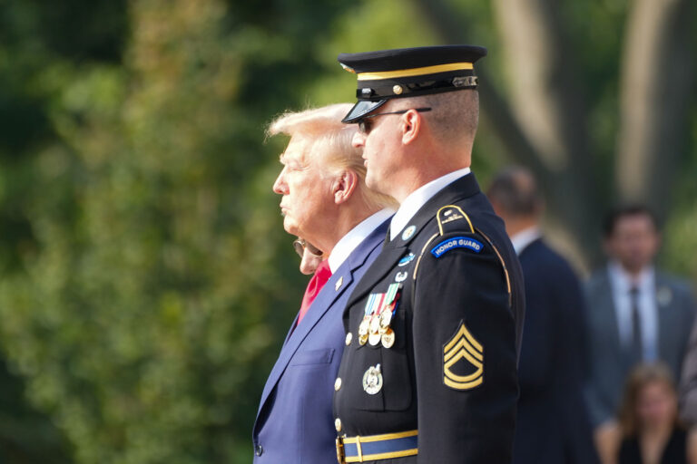 Donald Trump visits Arlington Cemetery on August 26, 2024 to pay tribute to the 13 service-members killed during the Afghanistan evacuation. (Andrew Leyden/NurPhoto via Getty Images)