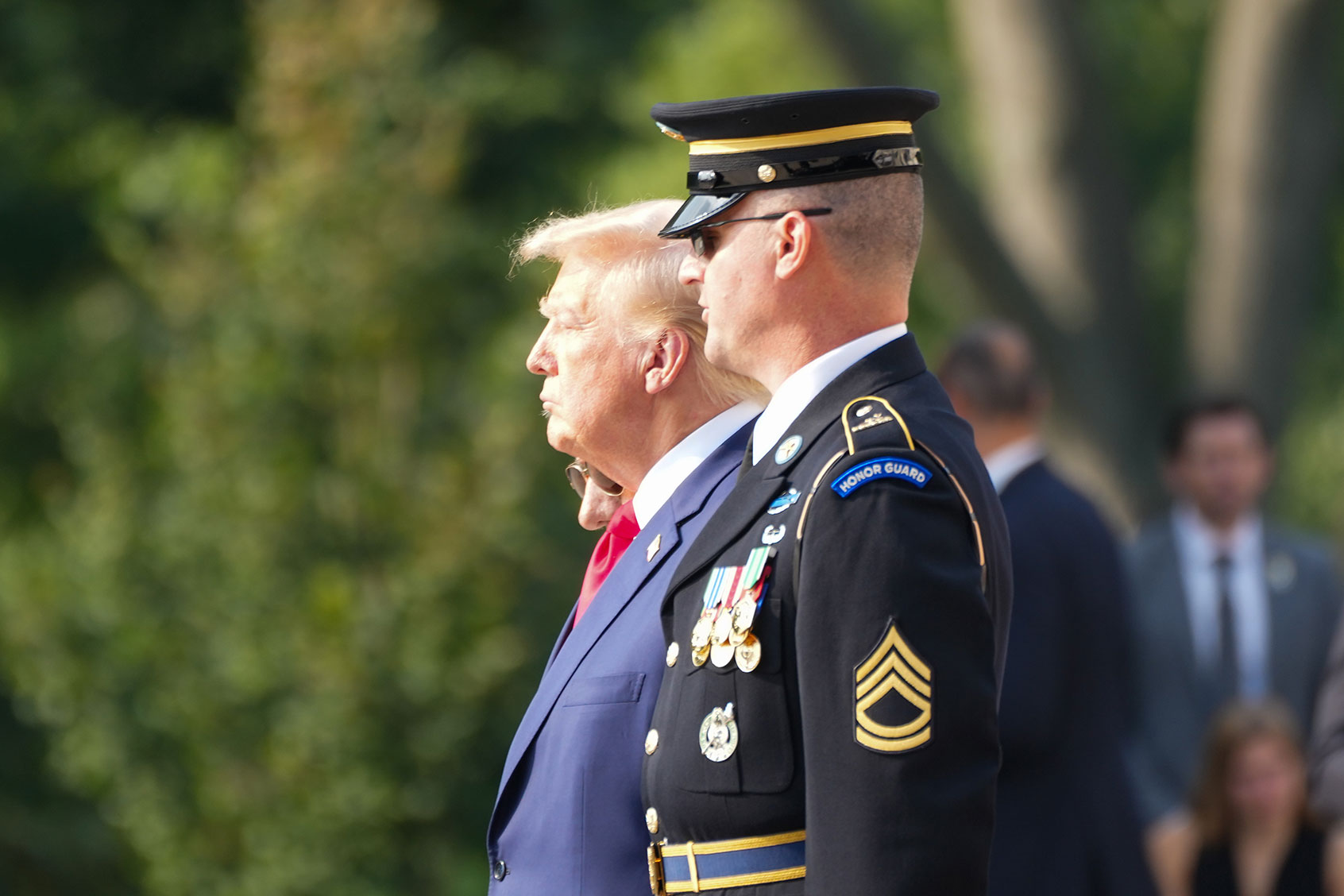 Donald Trump visits Arlington Cemetery on August 26, 2024 to pay tribute to the 13 service-members killed during the Afghanistan evacuation. (Andrew Leyden/NurPhoto via Getty Images)