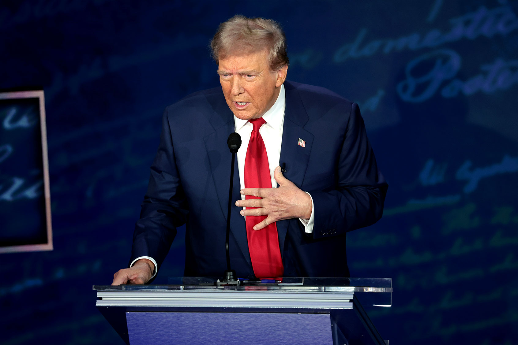 Republican presidential nominee, former U.S. President Donald Trump, debates Democratic presidential nominee, U.S. Vice President Kamala Harris, for the first time during the presidential election campaign at The National Constitution Center on September 10, 2024 in Philadelphia, Pennsylvania. (Win McNamee/Getty Images)