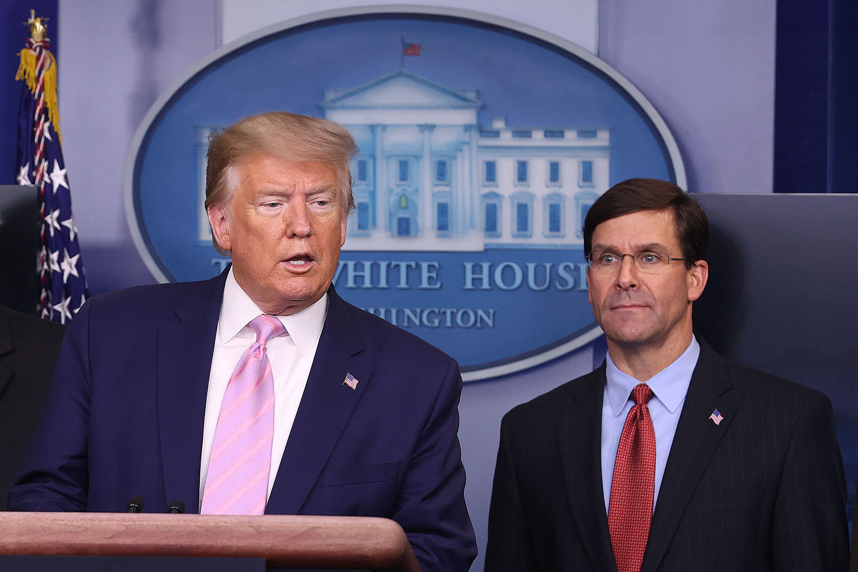 U.S. President Donald Trump speaks at the press briefing room with Defense Secretary Mark Esper April 1, 2020 in Washington, DC. (Win McNamee/Getty Images)