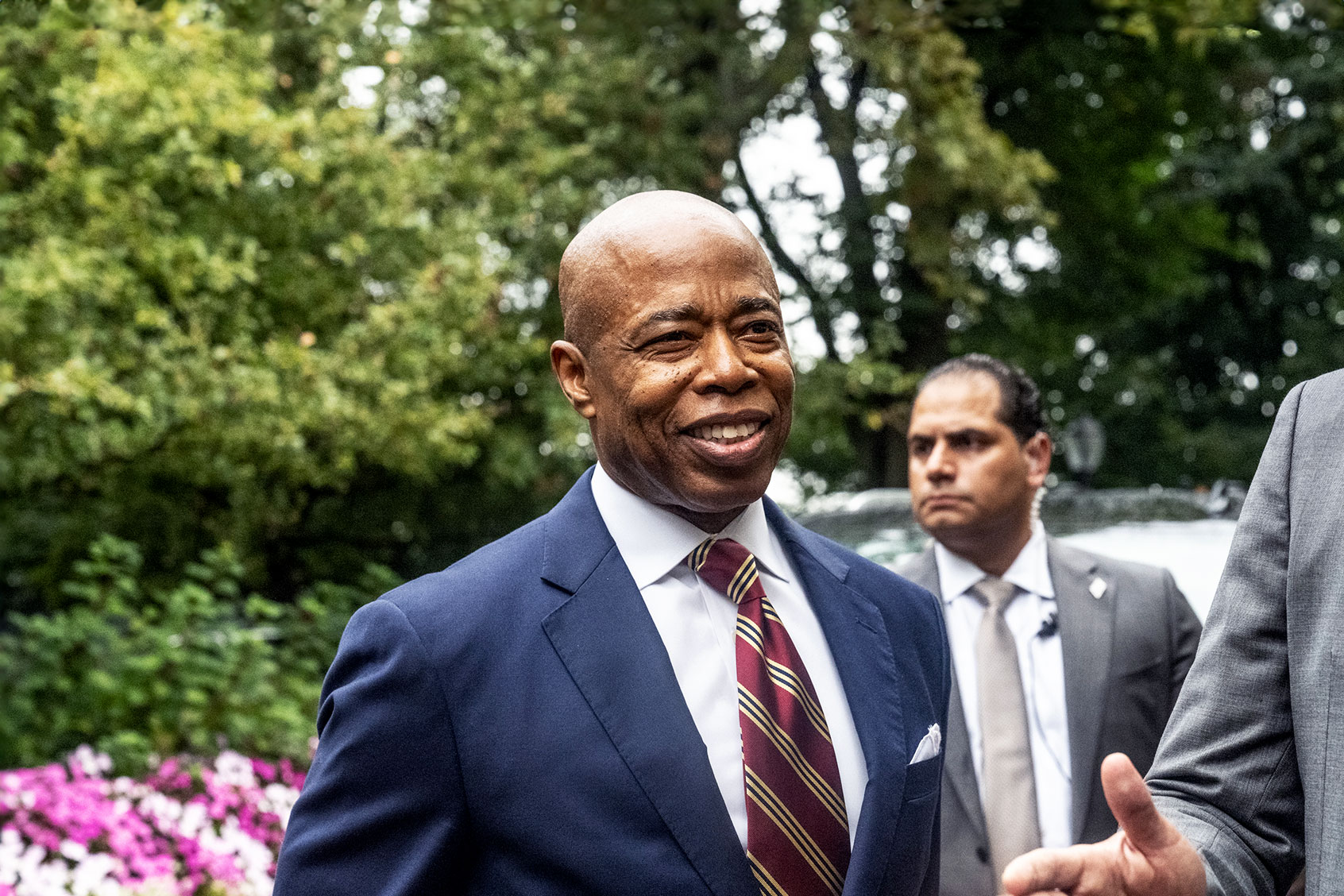New York City Mayor Eric Adams stands with his lawyer Alex Spiro (R) who delivered remarks to the press on September 26, 2024 in New York City. (Stephanie Keith/Getty Images)