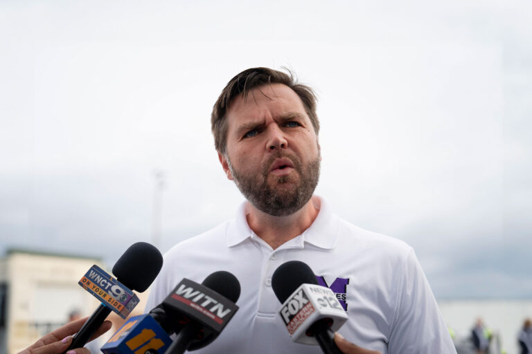 Republican vice presidential nominee, U.S. Sen. J.D. Vance (R-OH) speaks with media at the airport before he departs on September 14, 2024 in Greenville, North Carolina. (Allison Joyce/Getty Images)