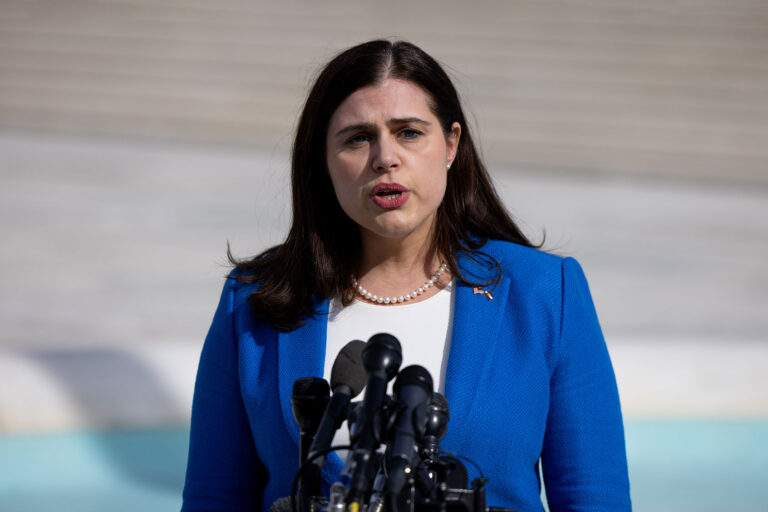 Colorado Secretary of State Jena Griswold speaks to reporters outside the U.S. Supreme Court on February 8, 2024 in Washington, DC. (Julia Nikhinson/Getty Images)