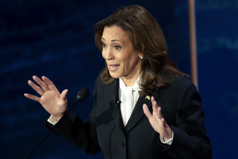 Democratic presidential nominee, U.S. Vice President Kamala Harris, debates Republican presidential nominee, former U.S. president Donald Trump, for the first time during the presidential election campaign at The National Constitution Center on September 10, 2024 in Philadelphia, Pennsylvania. (Win McNamee/Getty Images)