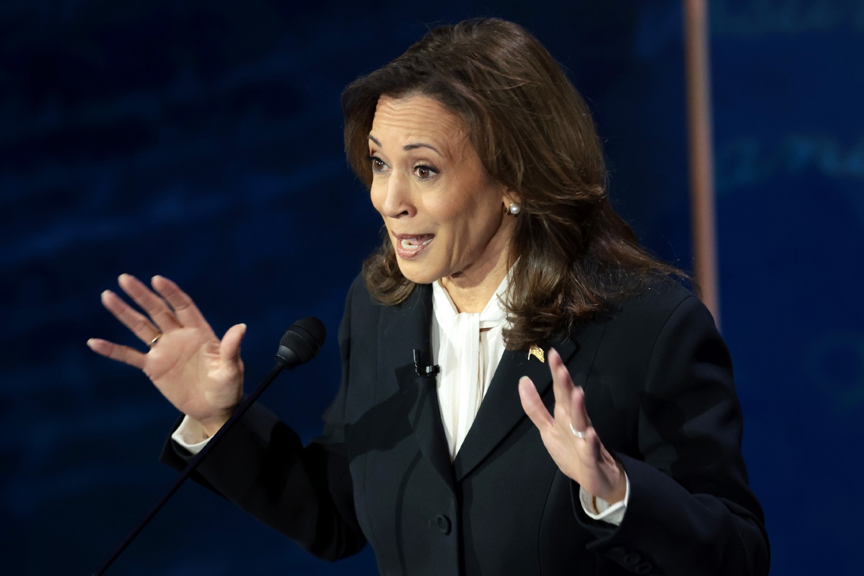 Democratic presidential nominee, U.S. Vice President Kamala Harris, debates Republican presidential nominee, former U.S. president Donald Trump, for the first time during the presidential election campaign at The National Constitution Center on September 10, 2024 in Philadelphia, Pennsylvania. (Win McNamee/Getty Images)