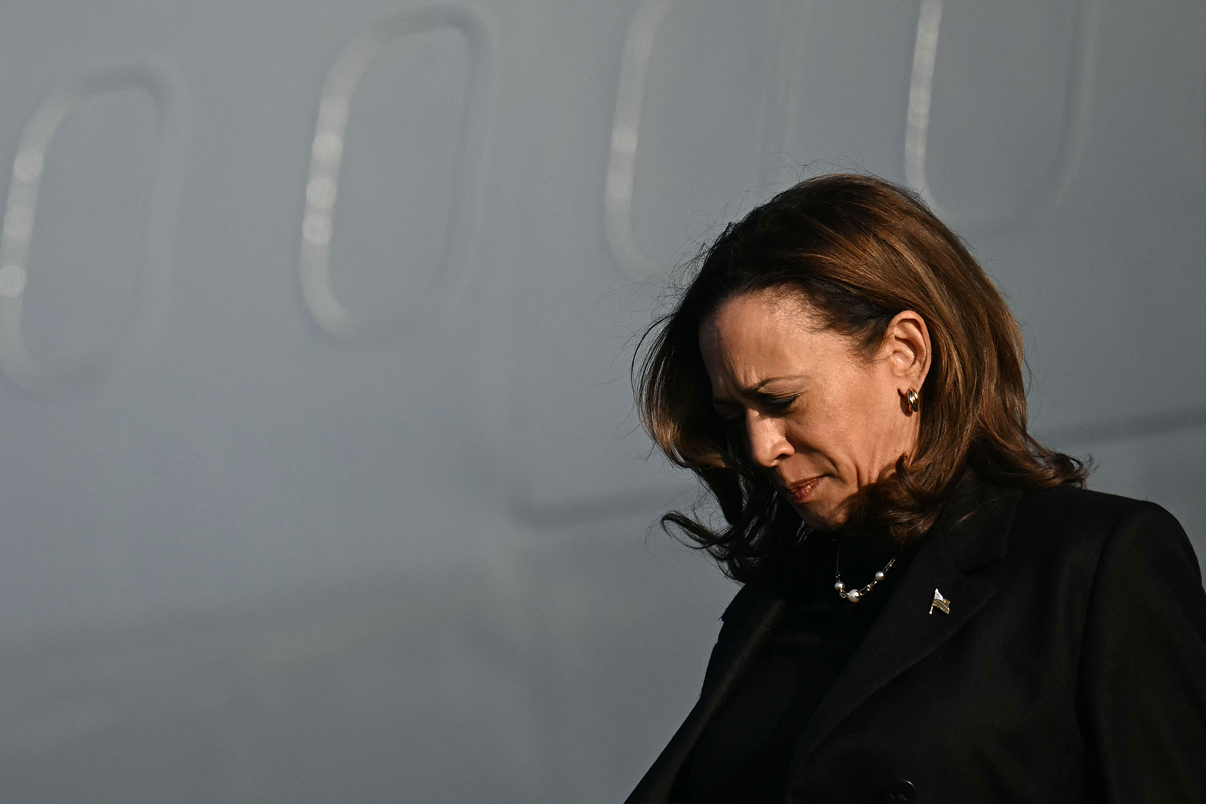 US Vice President and Democratic presidential candidate Kamala Harris steps off Air Force Two upon arrival at Philadelphia International Airport in Philadelphia, Pennsylvania, on September 9, 2024 (JIM WATSON/AFP via Getty Images)