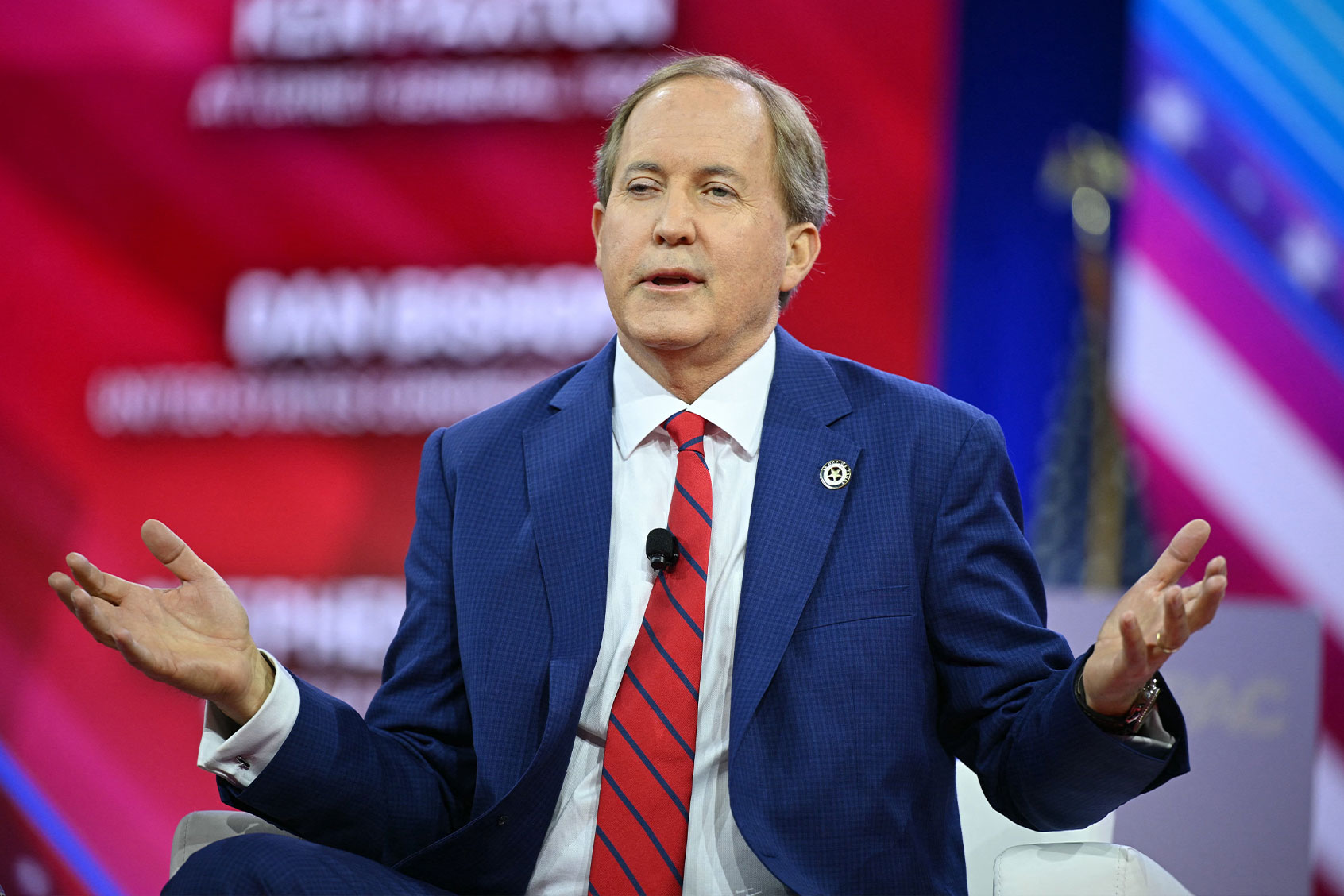 Texas Attorney General Ken Paxton speaks during the annual Conservative Political Action Conference (CPAC) meeting on February 23, 2024, in National Harbor, Maryland. (MANDEL NGAN/AFP via Getty Images)