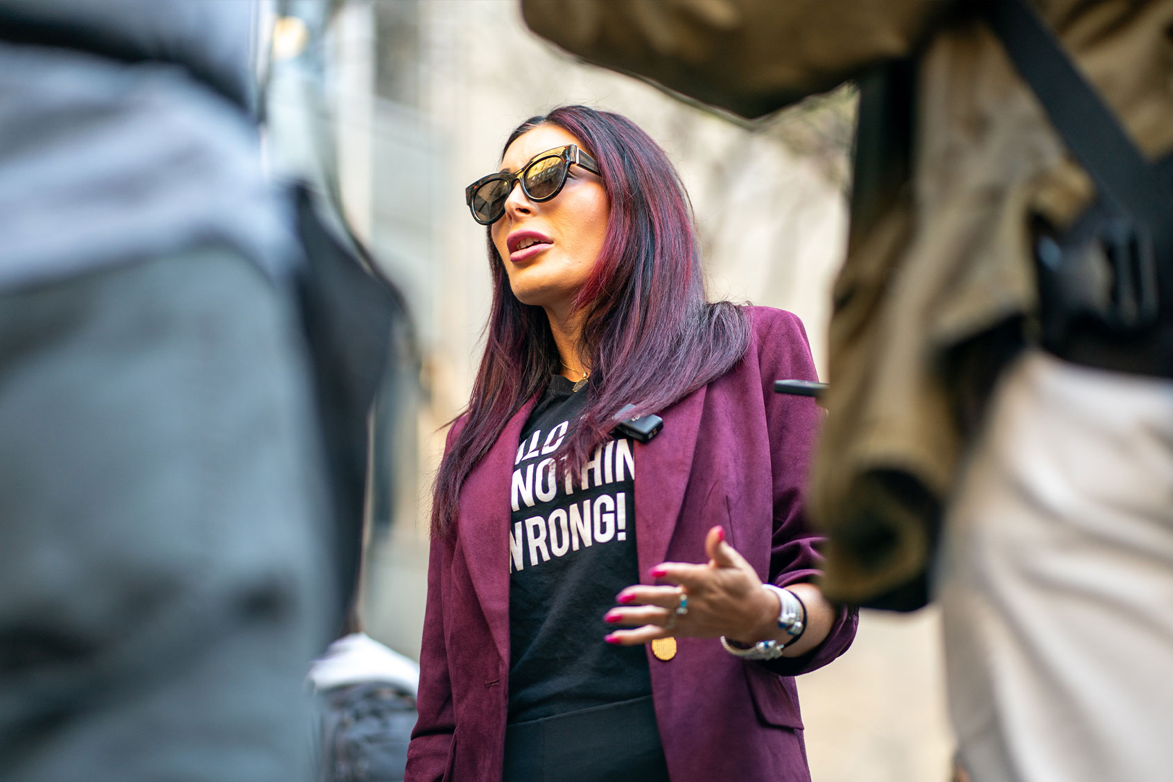 Far-right activist Laura Loomer speaks to the media prior to the beginning of former President Donald Trump's Trial at Manhattan Criminal Court on April 15, 2024 in New York City. Jury selection is set to begin in the former president's criminal trial. (David Dee Delgado/Getty Images)