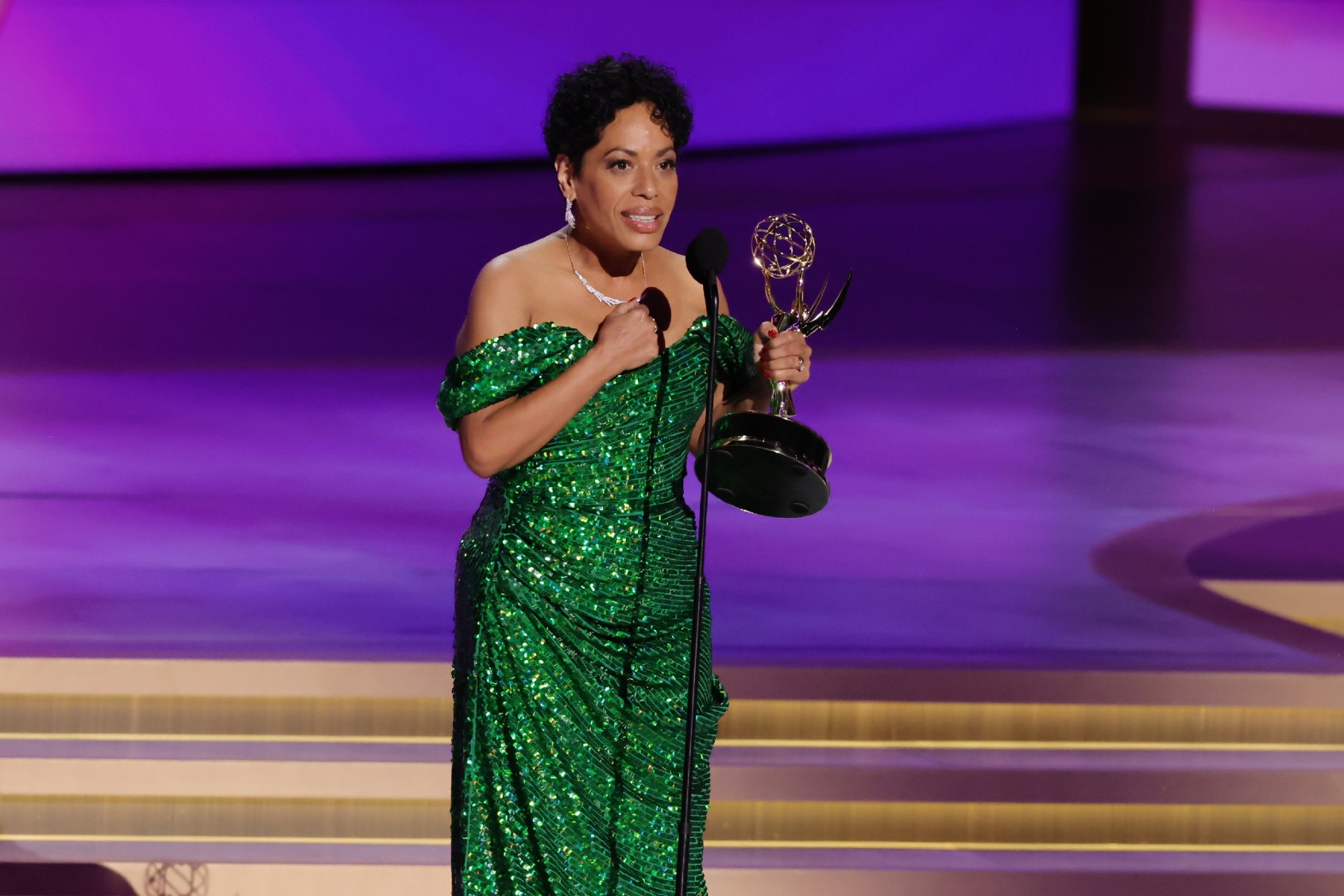 Liza Colón-Zayas accepts the Outstanding Supporting Actress in a Comedy Series award for “The Bear” onstage during the 76th Primetime Emmy Awards at Peacock Theater on September 15, 2024 in Los Angeles, California. (Kevin Winter/Getty Images)
