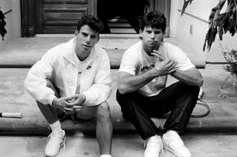 Menendez brothers, Erik, left, and Lyle on the steps of their Beverly Hills home in November, 1989. (Ronald L. Soble / Los Angeles Times via Getty Images)