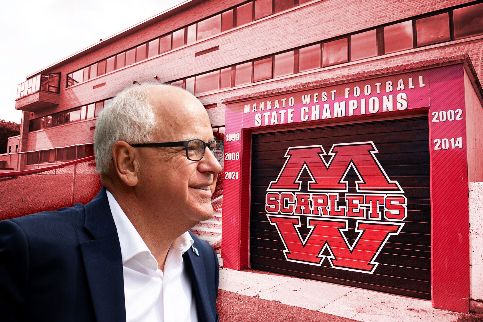 A view of Mankato West High School and its football field where Minnesota governor Tim Walz used to teach social studies and history and coached football. (Photo illustration by Salon/Getty Images)