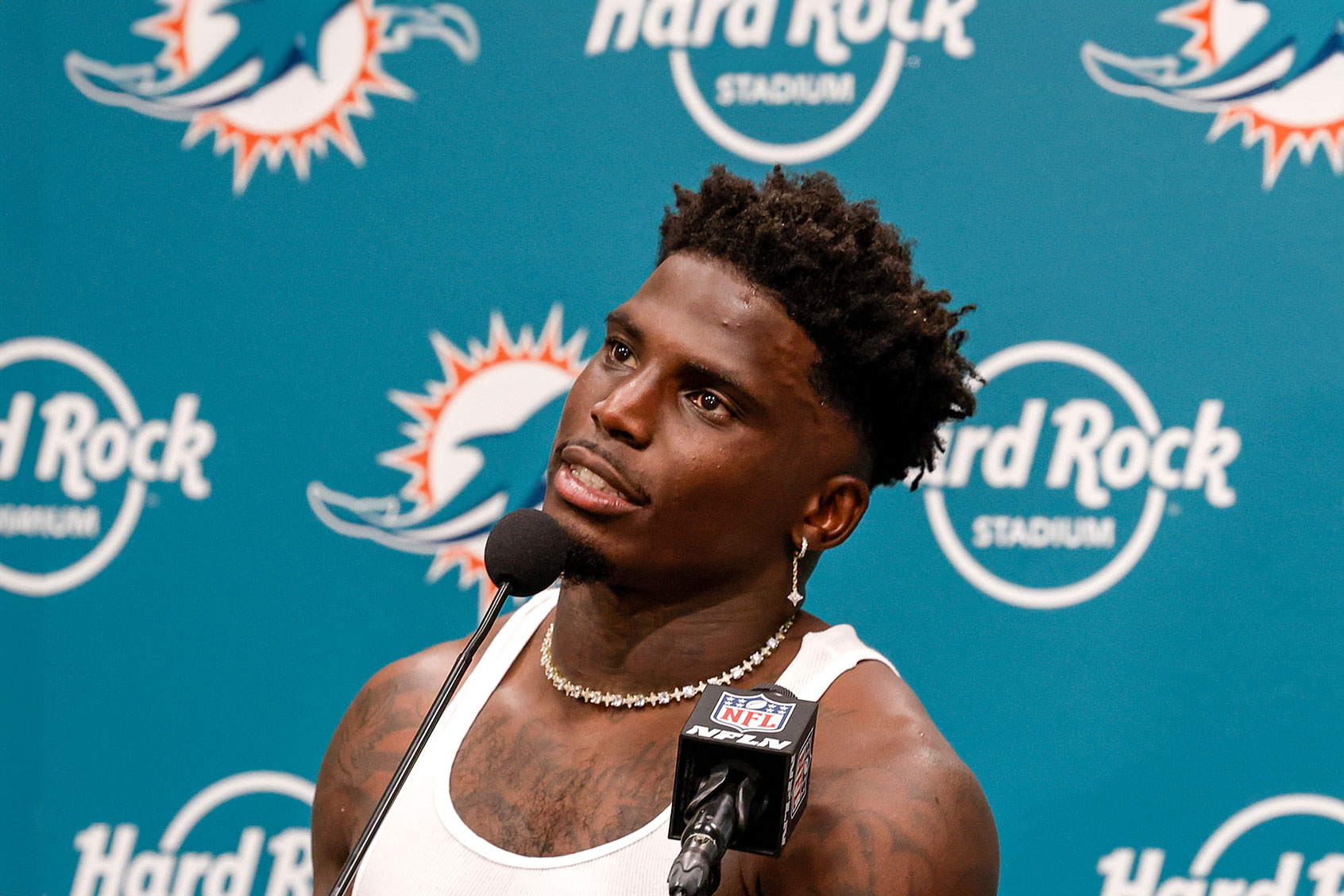 Wide Receiver Tyreek Hill #10 of the Miami Dolphins addresses the media during the post-game press conference after playing the Jacksonville Jaguars at Hard Rock Stadium on September 8, 2024 in Miami Gardens, Florida. (Don Juan Moore/Getty Images)