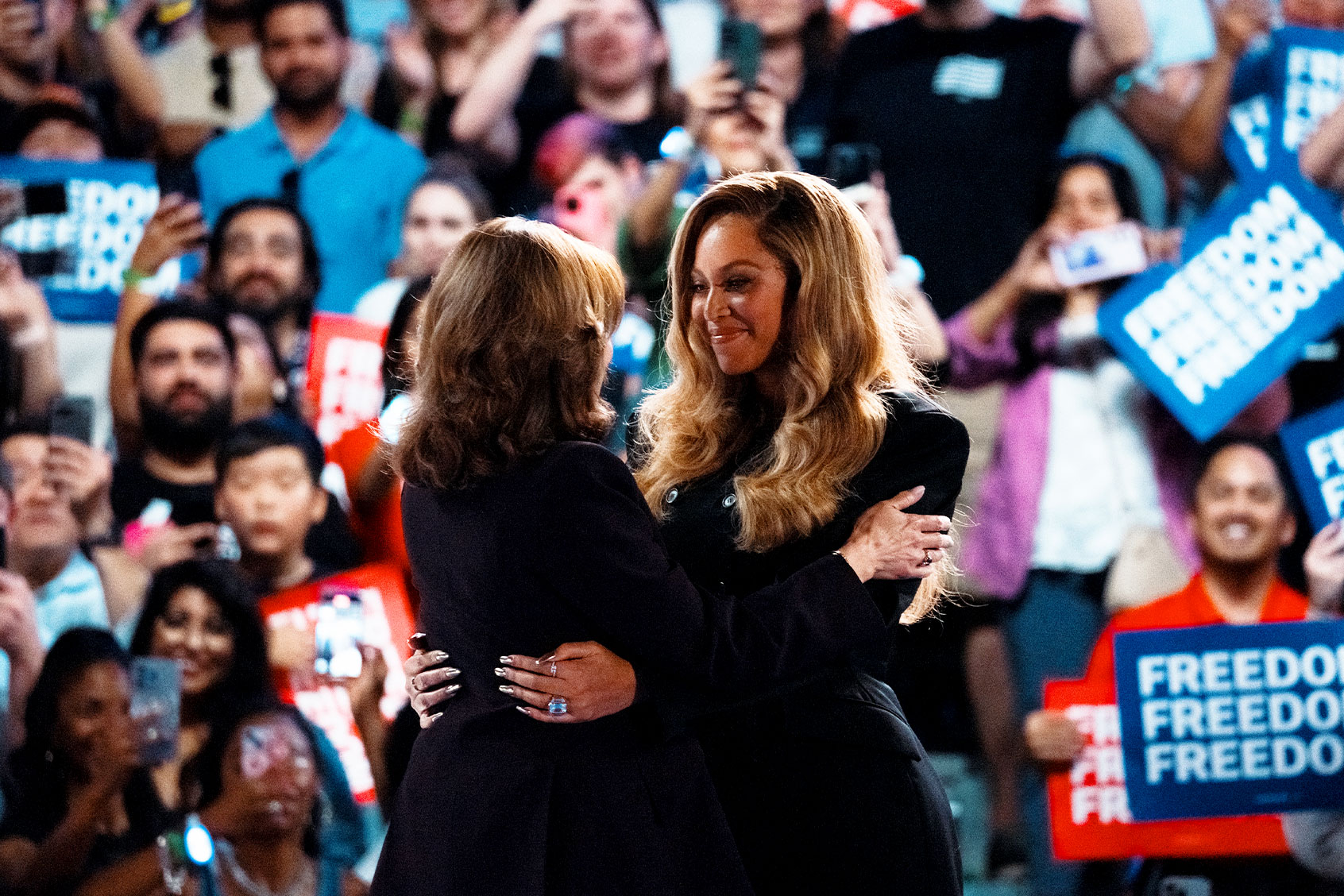 Democratic presidential nominee, Vice President Kamala Harris embraces singer Beyoncé at a campaign rally on October 25, 2024 in Houston, Texas. (Jordan Vonderhaar/Getty Images)