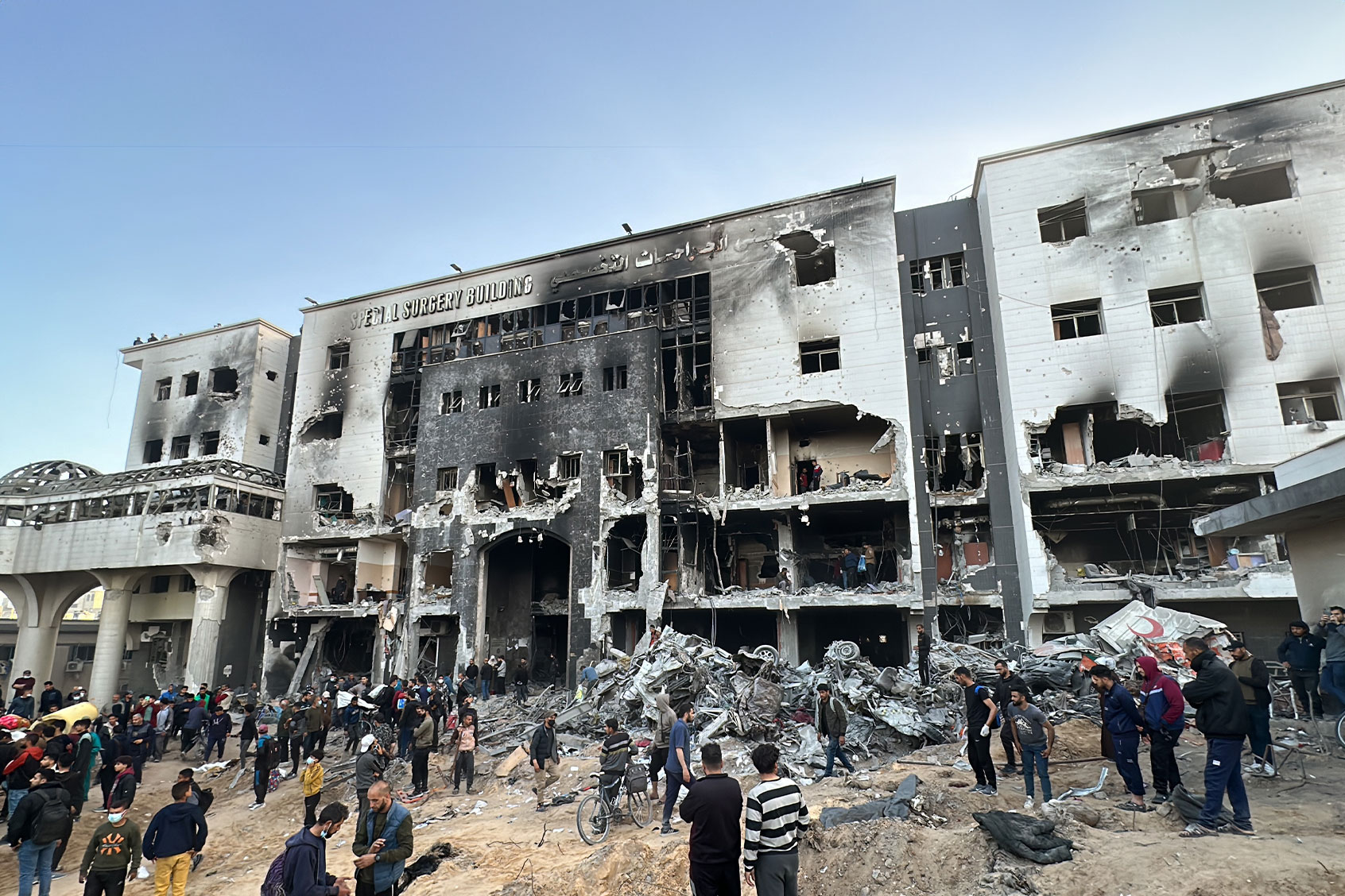 A view of burned and destroyed Al-Shifa Hospital due to the Israeli attacks that continue in Gaza City, Gaza on April 1, 2024. (Abdulqader Sabbah/Anadolu via Getty Images)