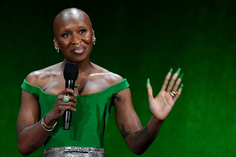 British actress Cynthia Erivo speaks about the movie "Wicked" during the Universal Pictures and Focus Features presentation at The Colosseum at Caesars Palace at CinemaCon 2024 in Las Vegas, Nevada, on April 10, 2024. (VALERIE MACON/AFP via Getty Images)
