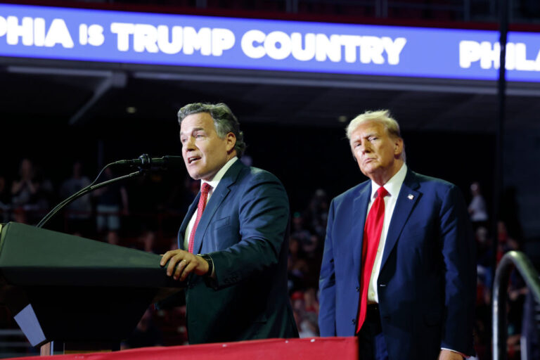 Dave McCormick, Republican U.S. Senate candidate from Pennsylvania, speaks alongside Republican presidential candidate, former U.S. President Donald Trump at a campaign rally at the Liacouras Center on June 22, 2024 in Philadelphia, Pennsylvania. (Anna Moneymaker/Getty Images)