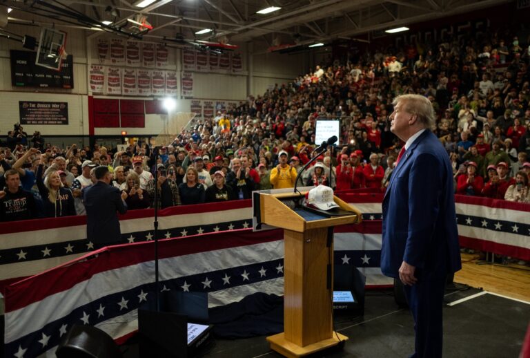 Former President Donald Trump speaks to a crowd of supporters at the Fort Dodge Senior High School on November 18, 2023 in Fort Dodge, Iowa. (Jim Vondruska/Getty Images)