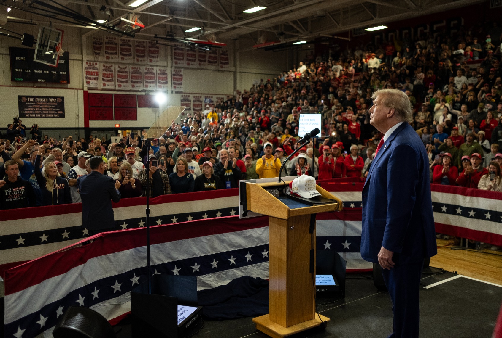 Former President Donald Trump speaks to a crowd of supporters at the Fort Dodge Senior High School on November 18, 2023 in Fort Dodge, Iowa. (Jim Vondruska/Getty Images)
