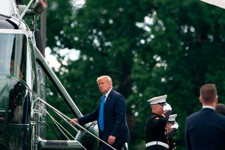 US President Donald Trump departs aboard Marine One after visiting Walter Reed National Military Medical Center in Bethesda, Maryland on July 11, 2020. (ALEX EDELMAN/AFP via Getty Images)