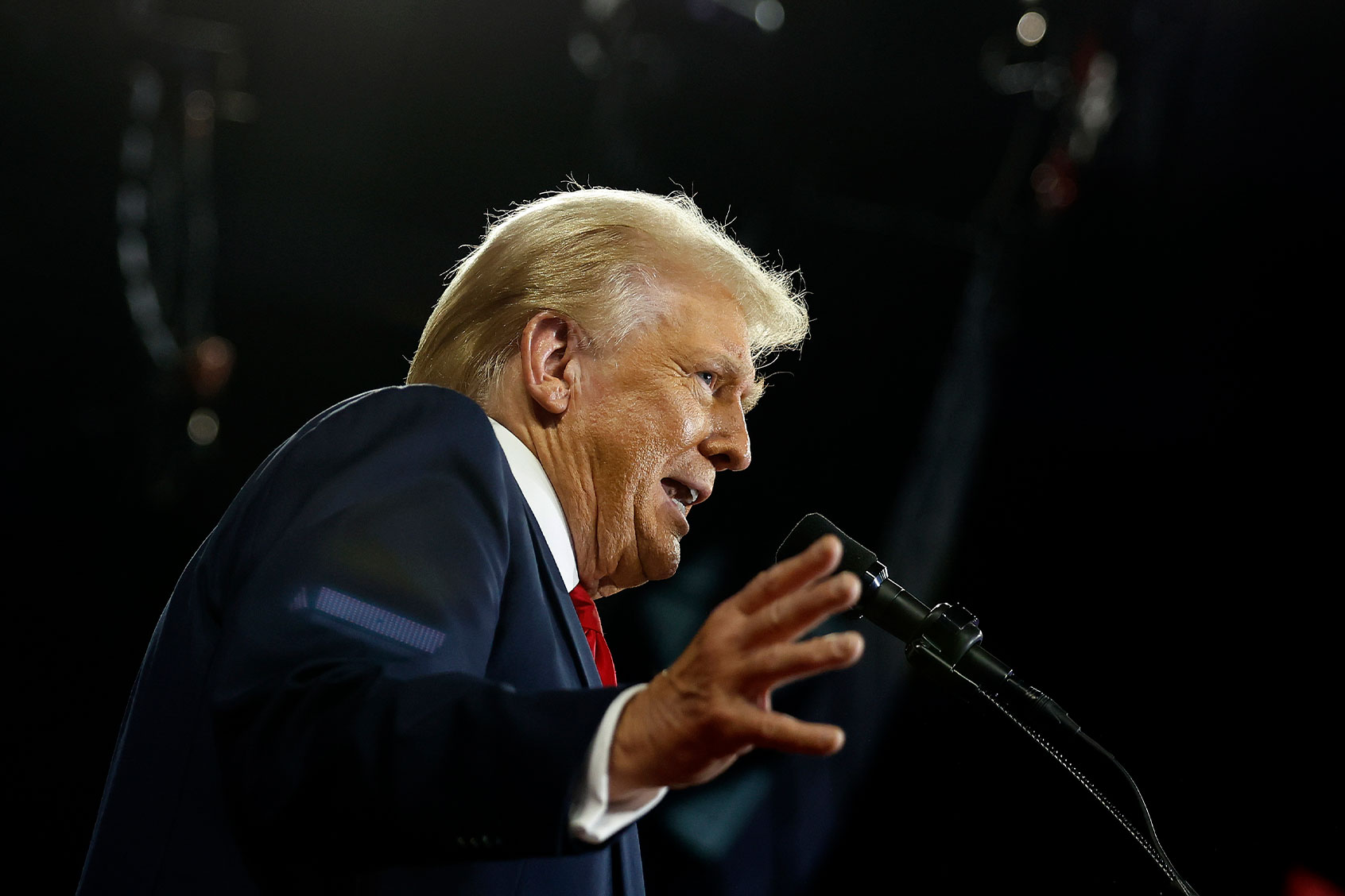Republican presidential nominee, former U.S. President Donald Trump delivers remarks at a campaign rally at the Santander Arena on October 09, 2024 in Reading, Pennsylvania. (Chip Somodevilla/Getty Images)