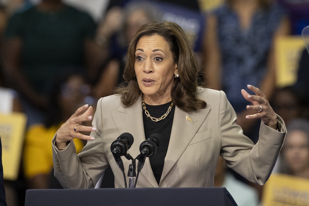U.S. President Joe Biden (not seen) and Vice President Kamala Harris attend event on Medicare drug price negotiations in Prince George's County in Maryland, United States on August 15, 2024. (Photo by Mostafa Bassim/Anadolu via Getty Images)
