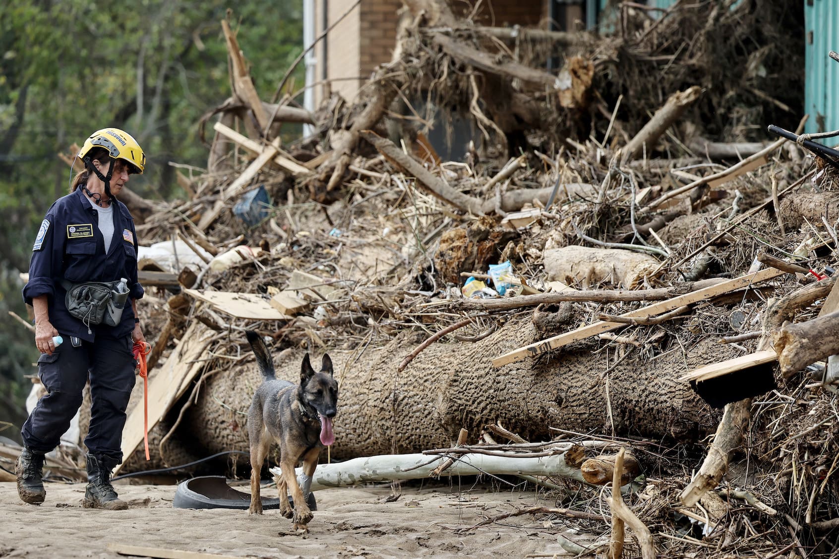 A member of the FEMA Urban Search and Rescue Task Force searches a flood-damaged property with a search canine in the aftermath of Hurricane Helene along the Swannanoa River on October 4, 2024 in Asheville, North Carolina. At least 215 people were killed in six states in the wake of the powerful hurricane which made landfall as a Category 4. President Joe Biden ordered the deployment of 1,000 active duty U.S. soldiers to assist with storm relief efforts in what is now the deadliest U.S. mainland hurricane since Hurricane Katrina. (Photo by Mario Tama/Getty Images)