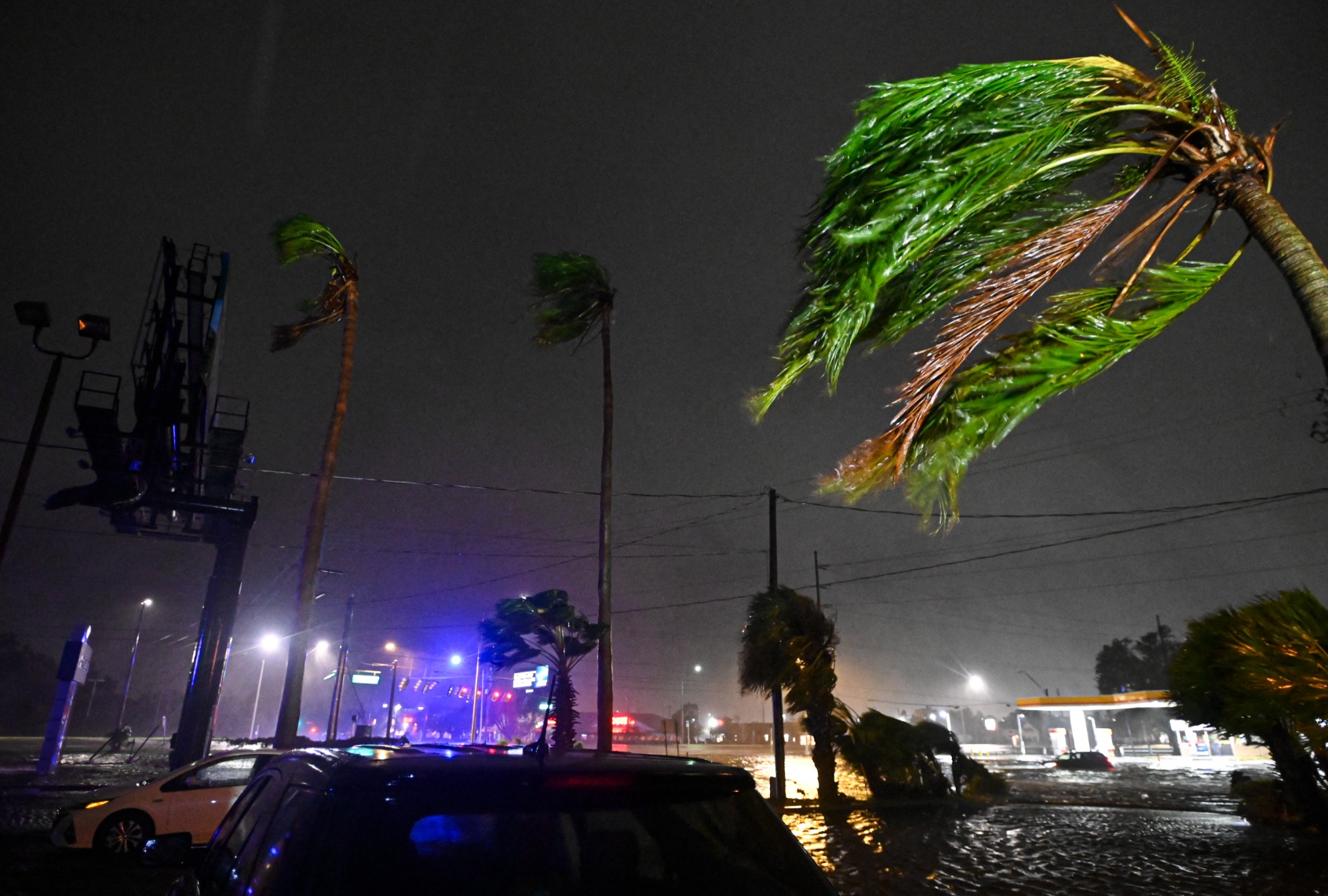 Palm trees bend in the wind after Hurricane Milton made landfall in Brandon, Florida on October 9, 2024. (MIGUEL J. RODRIGUEZ CARRILLO/AFP via Getty Images)