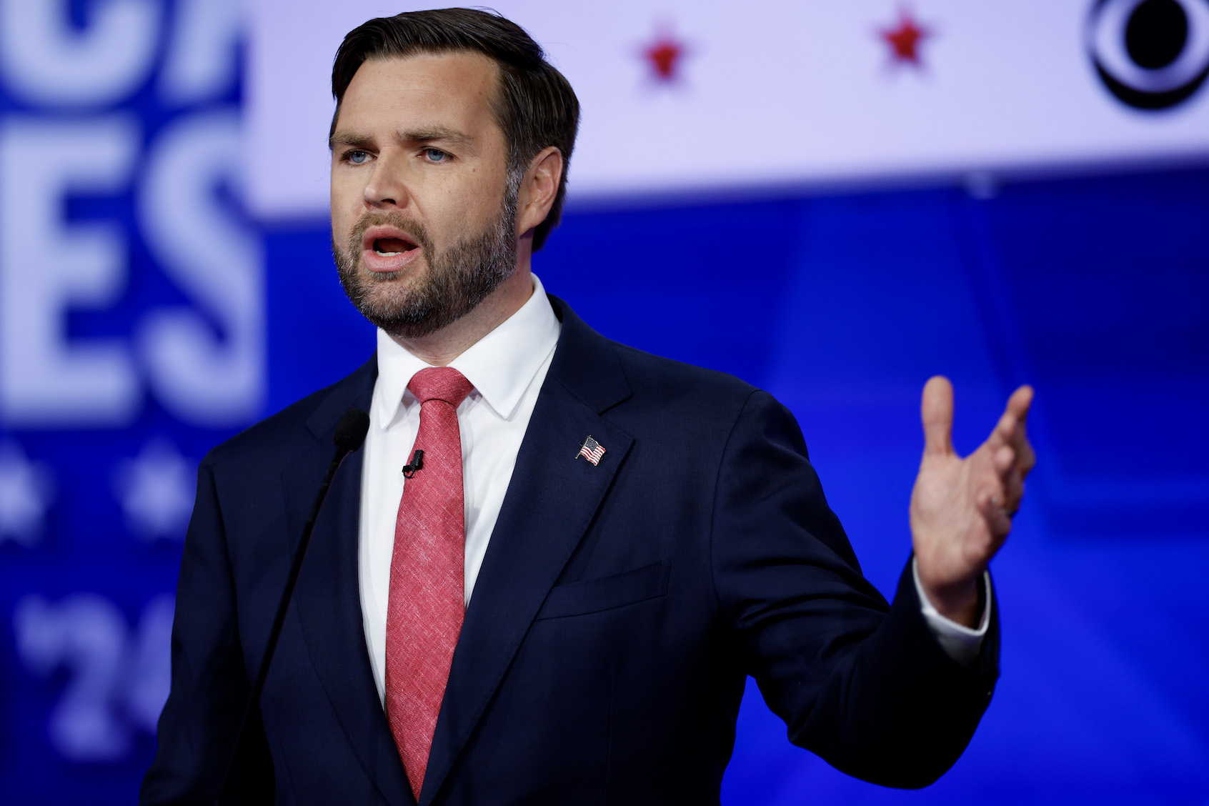 Republican vice presidential candidate Sen. JD Vance (R-OH) participates in a debate at the CBS Broadcast Center on October 1, 2024 in New York City. This is expected to be the only vice presidential debate of the 2024 general election. (Photo by Chip Somodevilla/Getty Images)