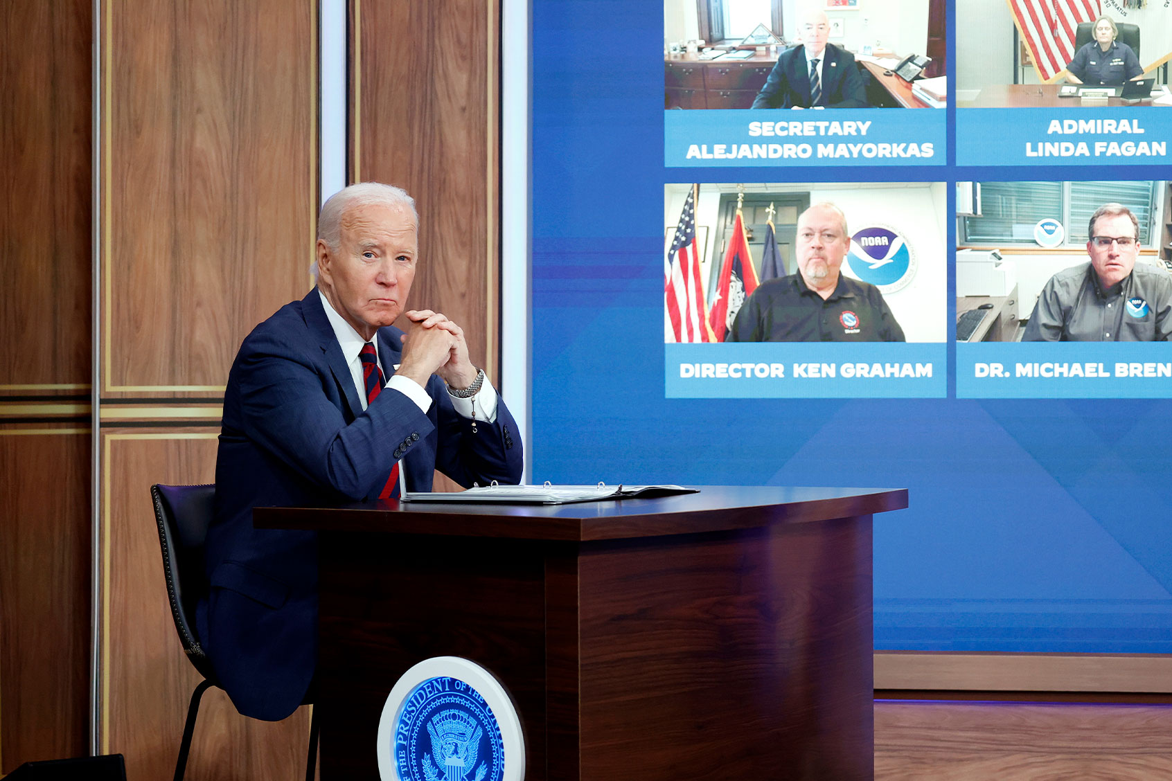 U.S. President Joe Biden listens during a briefing on Hurricane Milton in the South Court Auditorium in the Eisenhower Executive Office Building on the White House campus on October 09, 2024 in Washington, DC. (Anna Moneymaker/Getty Images)