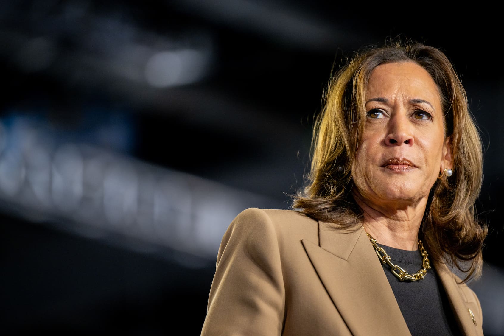 Democratic presidential nominee, Vice President Kamala Harris pauses while speaking during a campaign rally at the Rawhide Event Center on October 10, 2024 in Chandler, Arizona. (Brandon Bell/Getty Images)