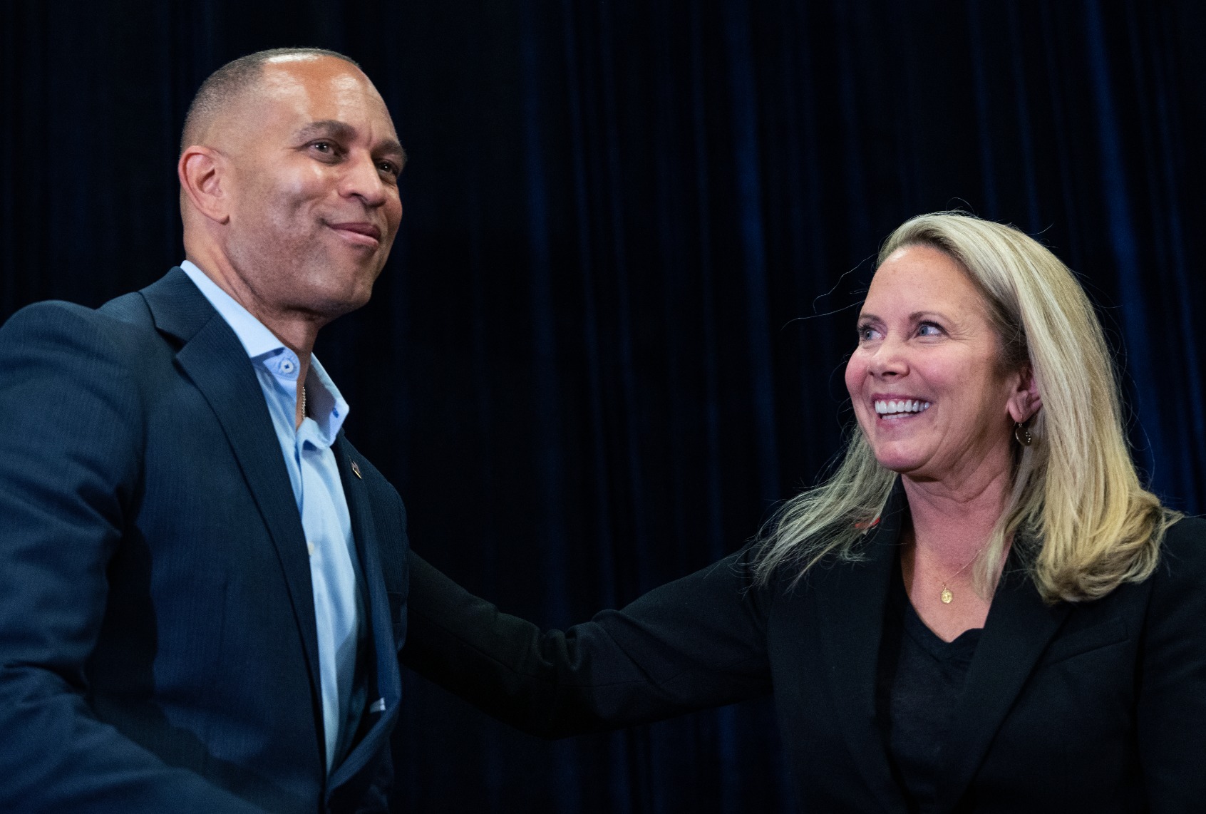 Laura Gillen, Democratic candidate for New York's 4th Congressional District, and House Minority Leader Hakeem Jeffries, D-N.Y., attend a campaign rally in Hempstead, N.Y., on Thursday, October 17, 2024. (Tom Williams/CQ-Roll Call, Inc via Getty Images)