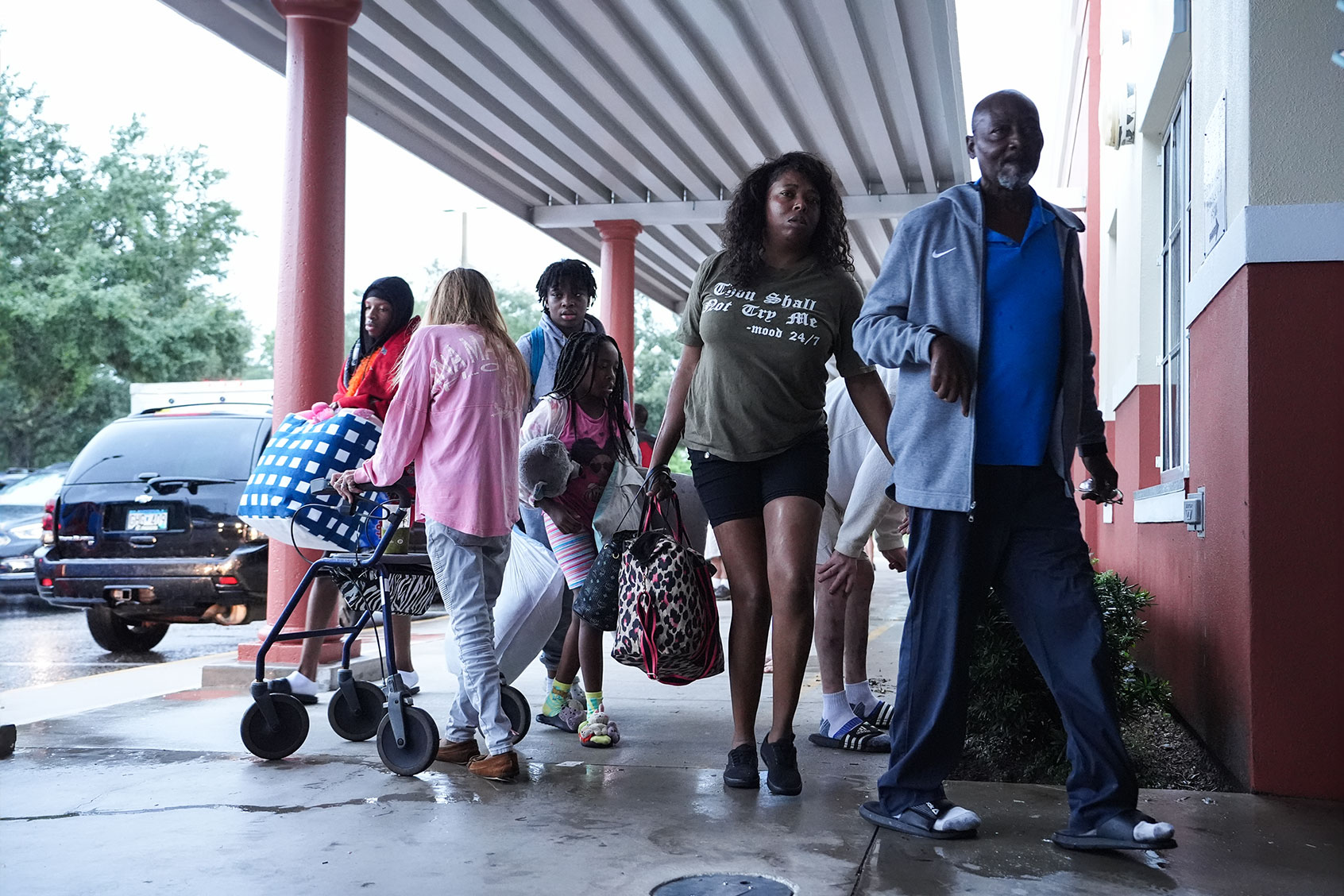 Hundreds take shelter at Virgil Mills Elementary School ahead of Hurricane Milton, in Palmetto, Florida, United States on October 09, 2024. People spent the night at a school with their pets, sleeping on air mattresses. (Lokman Vural Elibol/Anadolu via Getty Images)