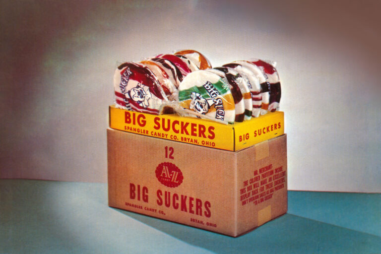A box of 'Big Suckers' lollipops from the Spangler Candy Company. (Found Image Holdings/Getty Images)