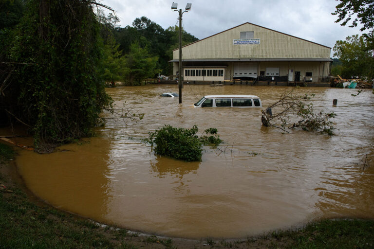 Heavy rains from Hurricane Helene caused record flooding and damage on September 28, 2024 in Asheville, North Carolina. (Melissa Sue Gerrits/Getty Images)