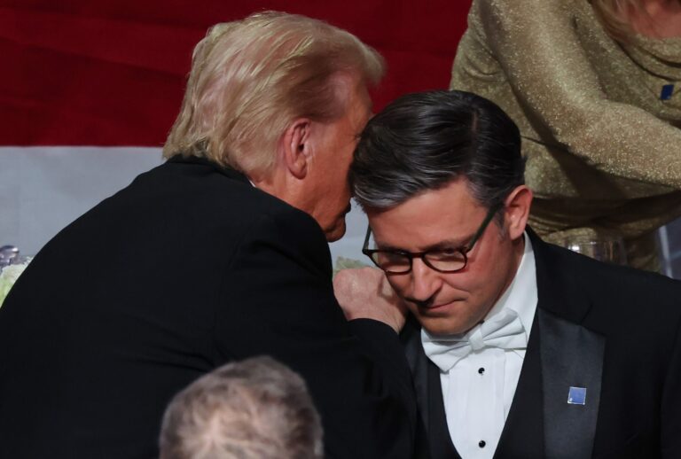 Republican presidential nominee, former President Donald Trump and House Speaker Mike Johnson, R-La., talk during the annual Alfred E. Smith Foundation Dinner on October 17, 2024 in New York City. (Michael M. Santiago/Getty Images)