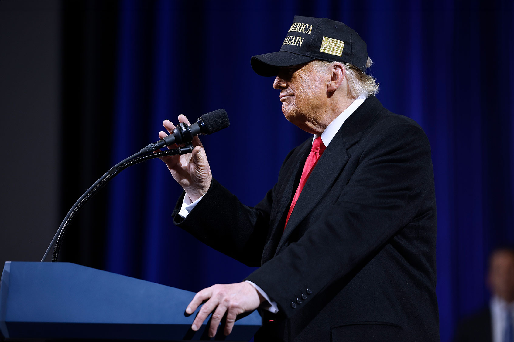 Republican presidential nominee, former President Donald Trump speaks during a campaign rally at the Atrium Health Amphitheater on November 03, 2024 in Macon, Georgia. (Chip Somodevilla/Getty Images)