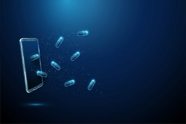 Abstract blue pills flying from smartphone. (Alena Butusava / Getty Images)