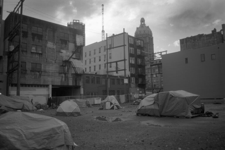 A vacant lot where the homeless have set up makeshift houses, Vancouver, BC, Canada. (Brian Caissie / Getty Images)