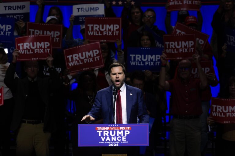 Republican nominee for vice president U.S. Sen. JD Vance (R-OH), speaks to supporters during a rally at the FIM Capital Theatre on November 4, 2024, in Flint, Michigan. (Scott Olson/Getty Images)