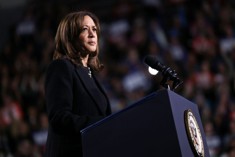 Democratic presidential nominee, U.S. Vice President Kamala Harris speaks at a campaign rally on November 04, 2024 in Allentown, Pennsylvania. (Michael M. Santiago/Getty Images)