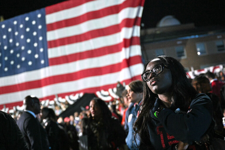 Supporters watch election results during an election night event for US Vice President and Democratic presidential candidate Kamala Harris at Howard University in Washington, DC, on November 5, 2024. (ANDREW CABALLERO-REYNOLDS/AFP via Getty Images)